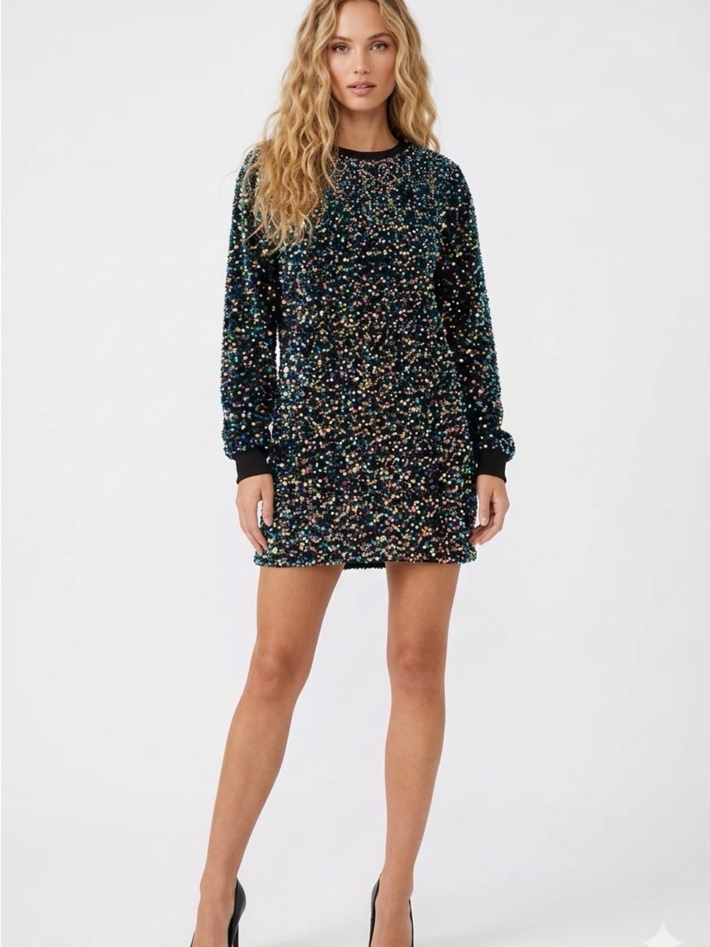 By Anthropologie Sequin Mini Sweatshirt Dress Rainbow Holographic Size XL Party
